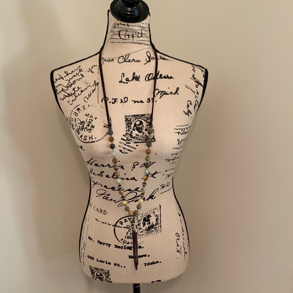 Inspire Designs Chunky Multi Color Stone Bead Necklace with Leather Fringe